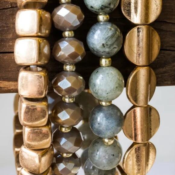 Lively Stone Bracelet Stack Set Grey Taupe Worn Gold - Picture 3 of 4